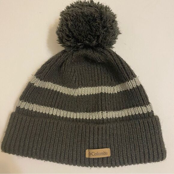 Columbia thick Knit Fleece lined unisex beanie hat gray striped pompom Adult - Picture 1 of 6